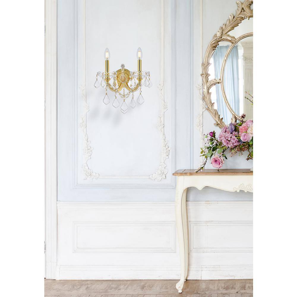 Angle. Elegant Lighting - Maria Theresa 2 light Gold Wall Sconce Clear Royal Cut Crystal - Gold.