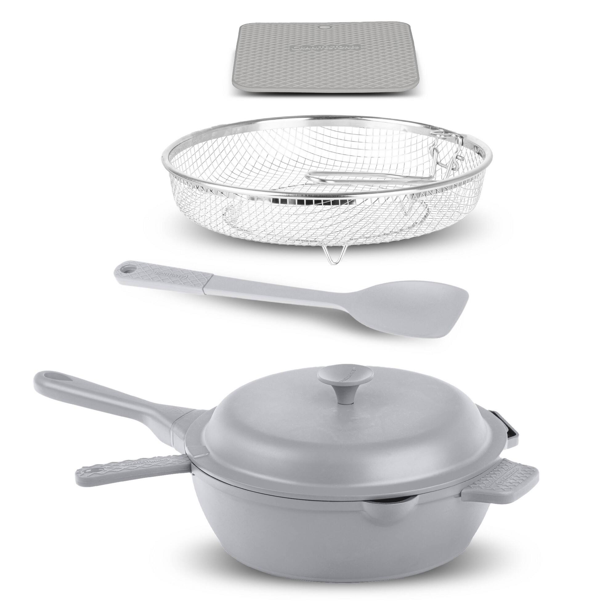 Alt View 1. Granitestone - Granitestone Zuka Everyday Pan 10" Grey Nonstick Multi-Functional Saute Pan with Lid, Nylon Spoon and Steamer Basket - Grey.