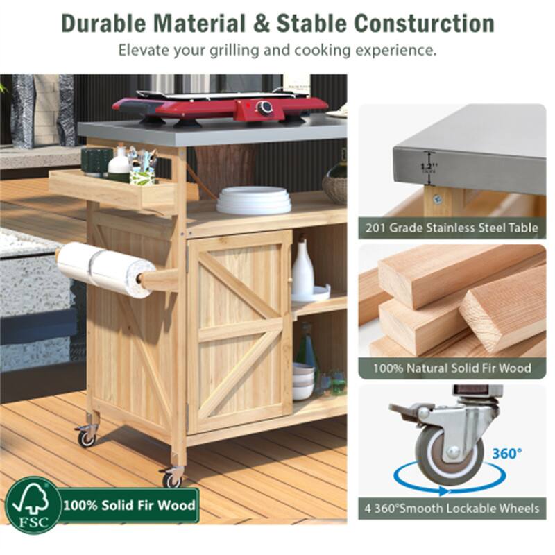 Durable Material & Stable Construction  
Elevate your grilling and cooking experience.  

- 201 Grade Stainless Steel Table  
- 100% Natural Solid Fir Wood  
- 100% Solid Fir Wood (FSC)  
- 4 360° Smooth Lockable Wheels