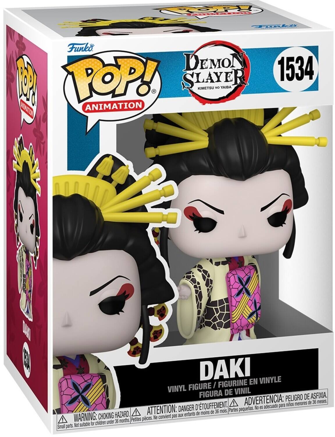 Sure, here is the corrected and grouped text from the image:

---

**Funko POP! Animation**

**Demon Slayer Kimetsu no Yaiba**

**1534**

**DAKI**

**Vinyl Figure / Figurine en Vinyle / Figura de Vinil**

**WARNING: CHOKING HAZARD. Small parts. Not suitable for children under 36 months.**

**ATTENTION: DANGER D'ÉTOUFFEMENT. Petites pièces. Ne convient pas aux enfants de moins de 36 mois.**

**ADVERTENCIA: PEORIGRO DE ASFIXIA. Partes pequeñas. No es adecuado para niños menores de 36 meses.**

---

This text includes the brand, series, character name, figure number, and safety warnings in English, French, and Spanish.