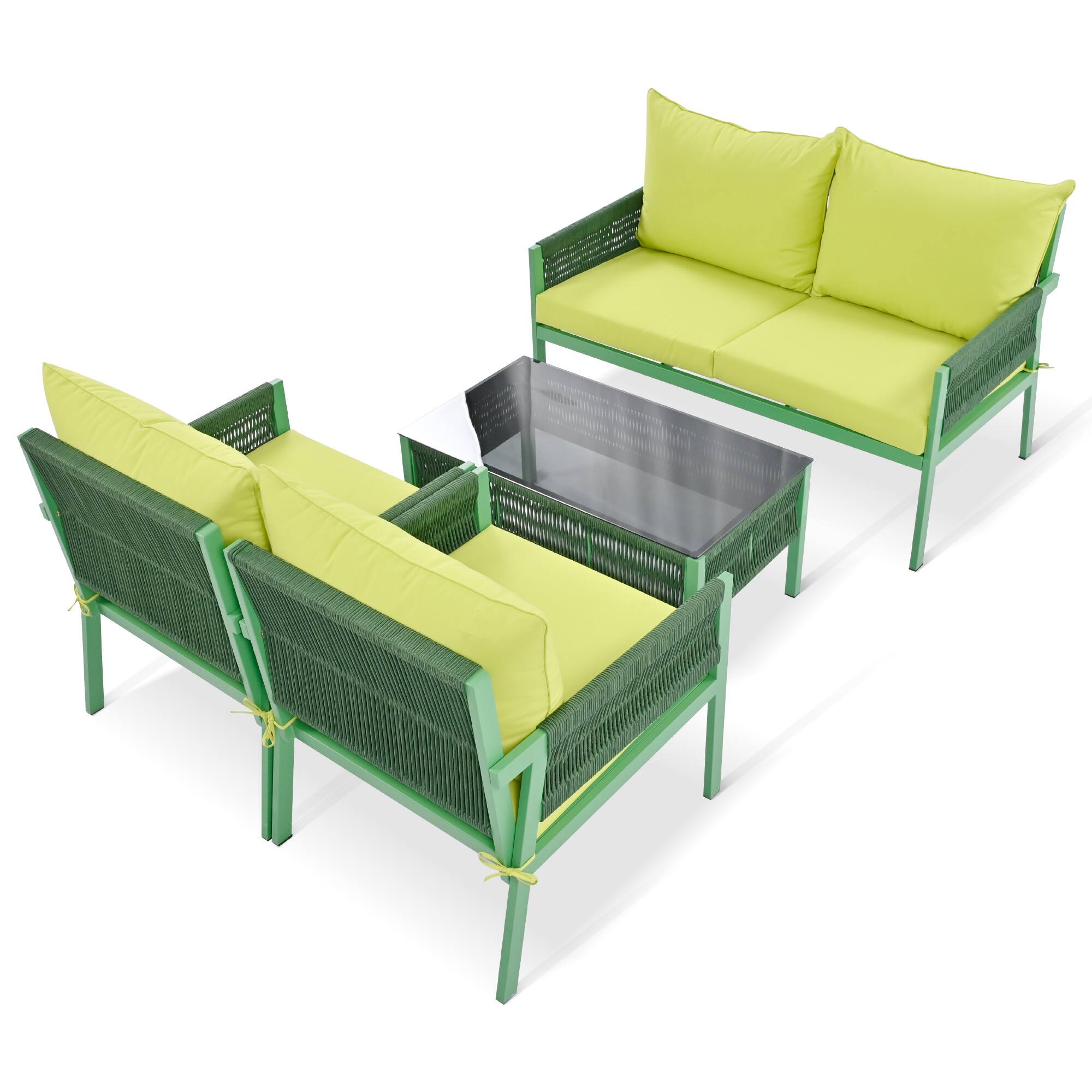 Alt View 9. Siljoy - 4-Piece Rope Patio Set, Tempered Glass Table, Deep Seating Thick Cushions, Outdoor Furniture for Backyard Porch Balcony - Green.