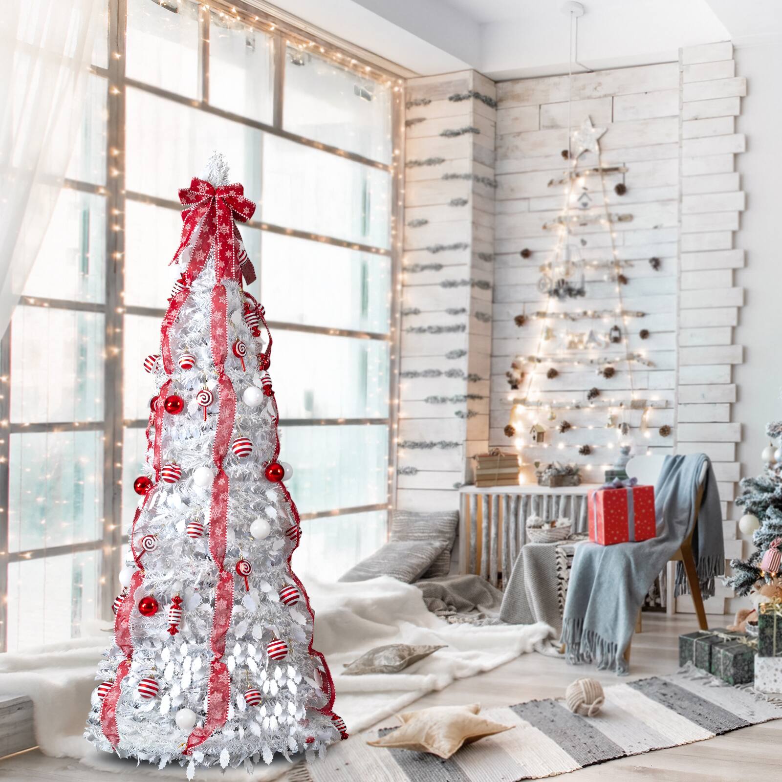 Back. VAVSEA - 6 ft Fully Decorated Pre-Lit Pop Up Christmas Tree with 100 Warm Lights & Red Ornaments for Holiday Decor, White - White.