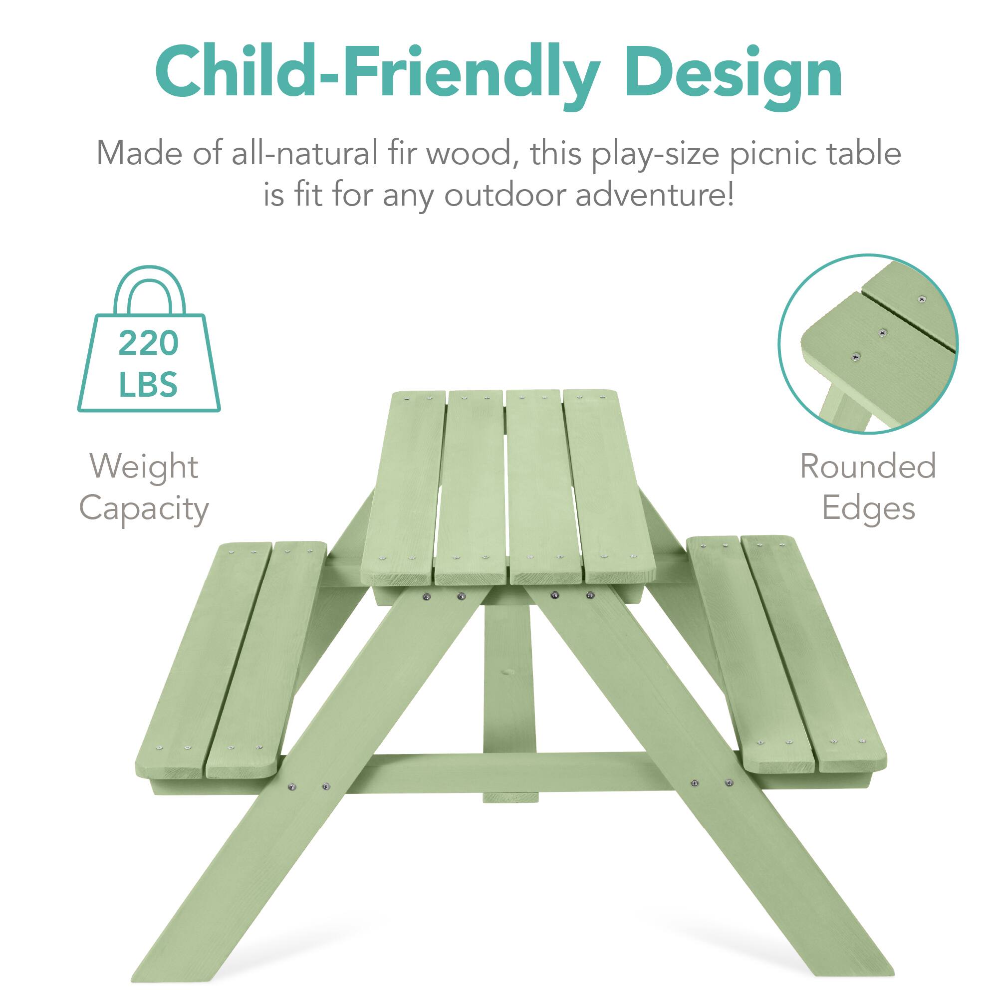 Child-Friendly Design

Made of all-natural fir wood, this play-size picnic table is fit for any outdoor adventure!

220 LBS Weight Capacity

Rounded Edges