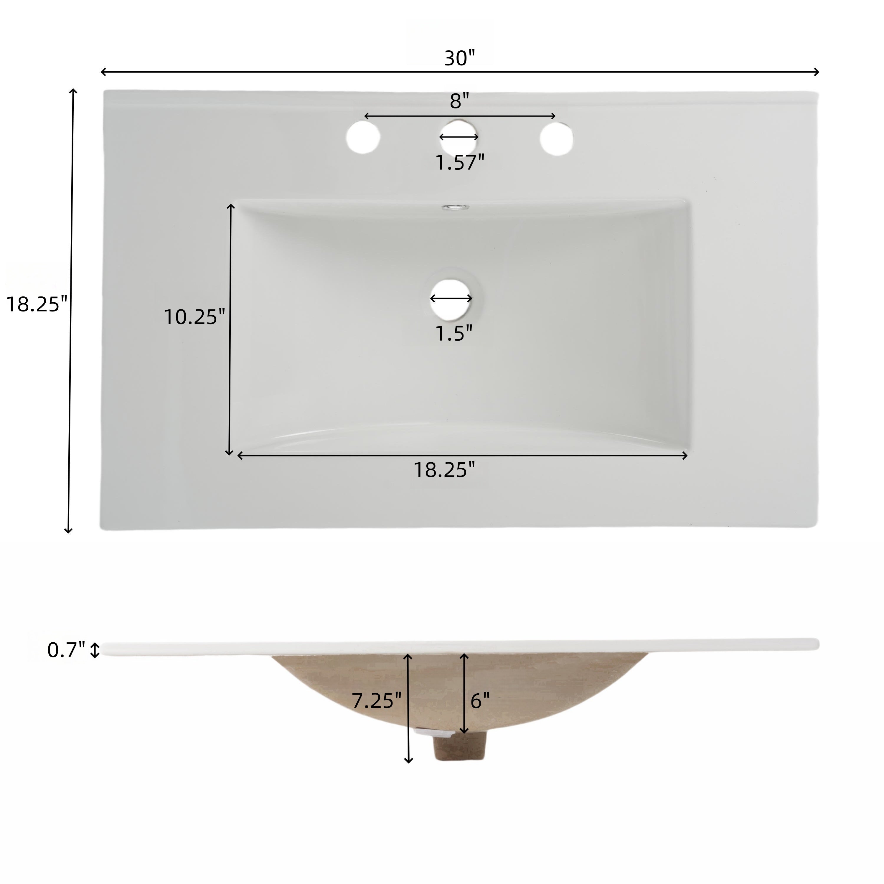 30"  
8"  
1.57"  
18.25"  
10.25"  
1.5"  
18.25"  
0.7"  
7.25"  
6"