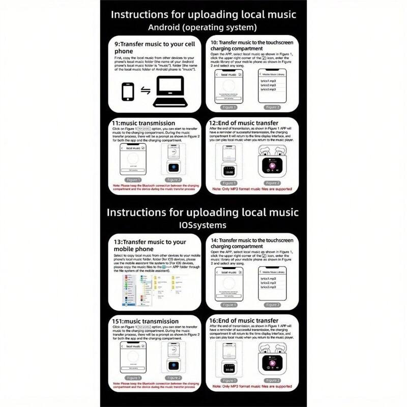 Instructions for uploading local music  
Android (operating system)

9: Transfer music to your cell phone  
Transfer local music from other devices to your phone's local music folder (the folder name is "Music" or "Music" folder (the name of the local music folder of Android phone is "Music").

10: Transfer music to the touchscreen charging compartment  
Open the APP, select local music as shown in Figure 1, click on the upper right corner of the "..." icon, and then select any song.

11: Music transmission  
Click on Figure 1, select "music transmission" option, you can start to transfer. During the transfer process, there will be a prompt shown as in Figure 2 for both the app and the charging compartment.

12: End of music transfer  
After the end of the transmission, as shown in Figure 1, the APP will return to the main interface, and the charging compartment will return to the time display interface. You can play local music when you return to the music player.

Note: Only MP3 format music files are supported.

Instructions for uploading local music  
iOS systems

13: Transfer music to your mobile phone  
Select to copy local music from other devices to your mobile phone's file system