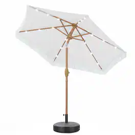 Ainfox - 7.5 FT Patio Umbrella with Fringe,Outdoor Tassel Beach Umbrella,Tilt Adjustment with 18 LED Lights & Base - White
