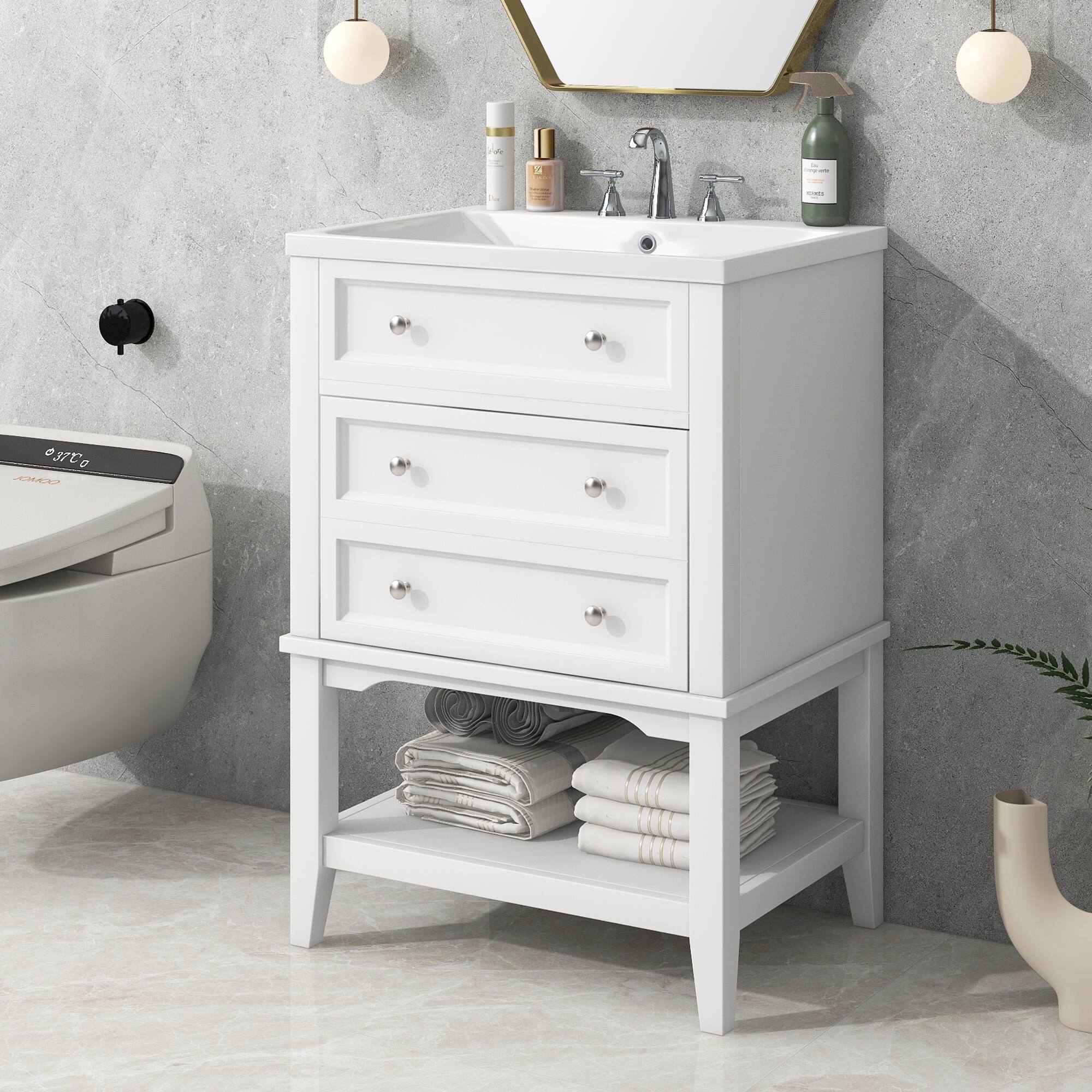 Angle. Tiramisubest - 24" Bathroom Vanity With Sink, Bathroom Storage Cabinet with Drawer and Open Shelf,White - White.