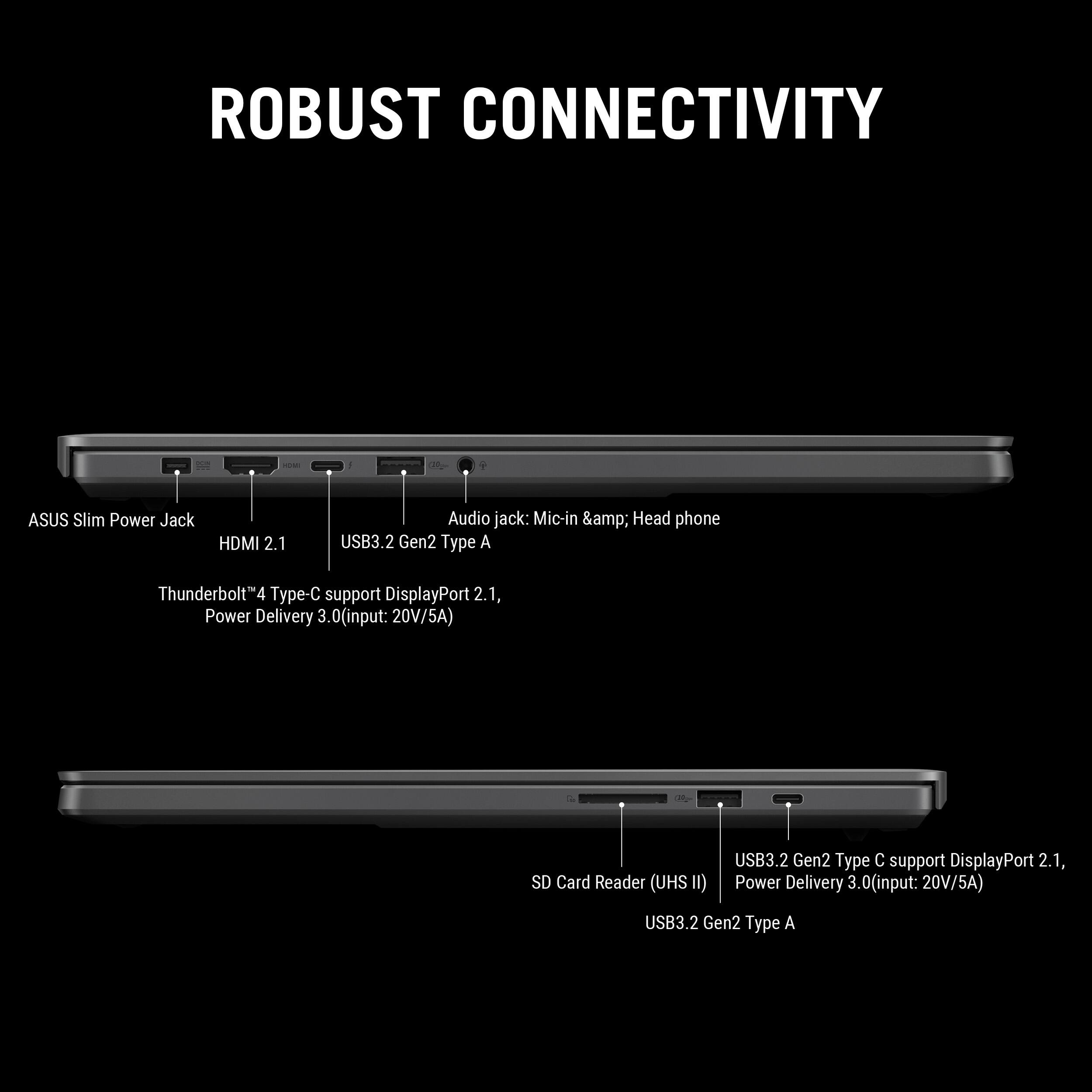 ROBUST CONNECTIVITY - ASUS Slim Power Jack HDMI 2.1 Audio jack: Mic-in & Head phone USB3.2 Gen2 Type A Thunderbolt4 Type-C support DisplayPort 2.1, Power Delivery 3.0(input: 20V/5A) - SD Card Reader (UHS 1) USB3.2 Gen2 Type C support DisplayPort 2.1, Power Delivery 3.0(input: 20V/5A) USB3.2 Gen2 Type A