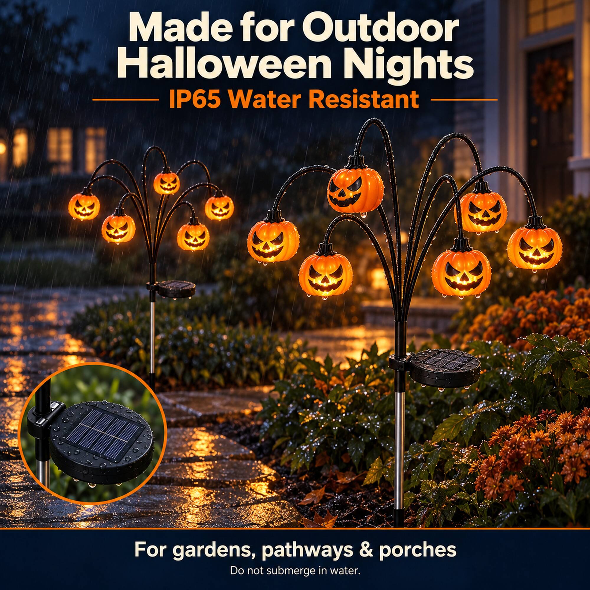 Made for Outdoor Halloween Nights  
IP65 Water Resistant  

For gardens, pathways & porches  
Do not submerge in water.