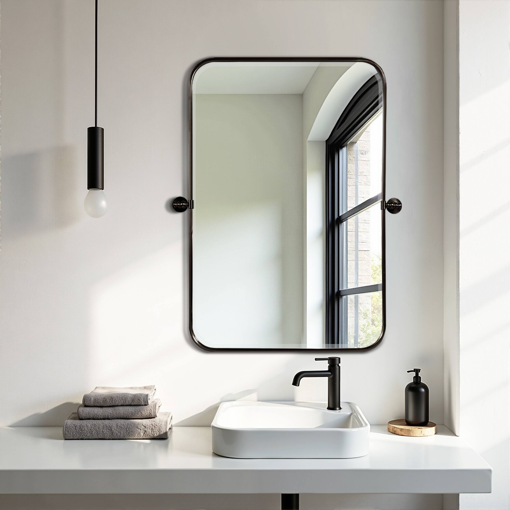 Alt View 2. Lirago - 31" x 24" 2PC Ironwork rounded Hanging Rectangular Bathroom Mirror with Black Rotatable Hardware for Adjustment - Black.