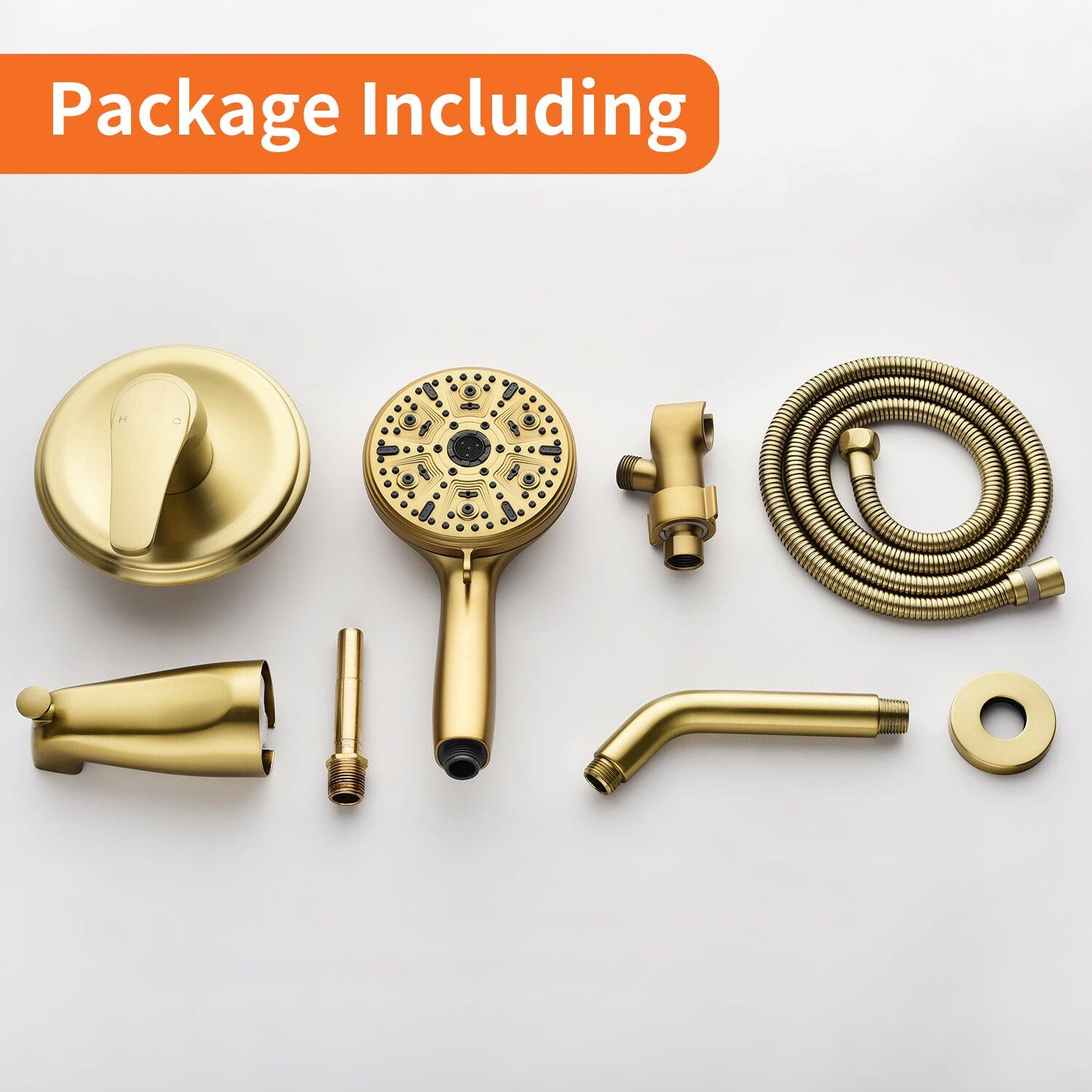 Package Including

- Showerhead
- Hand Shower
- Hose
- Wall Mount
- Drain
- Faucet
- Connector
- Gasket