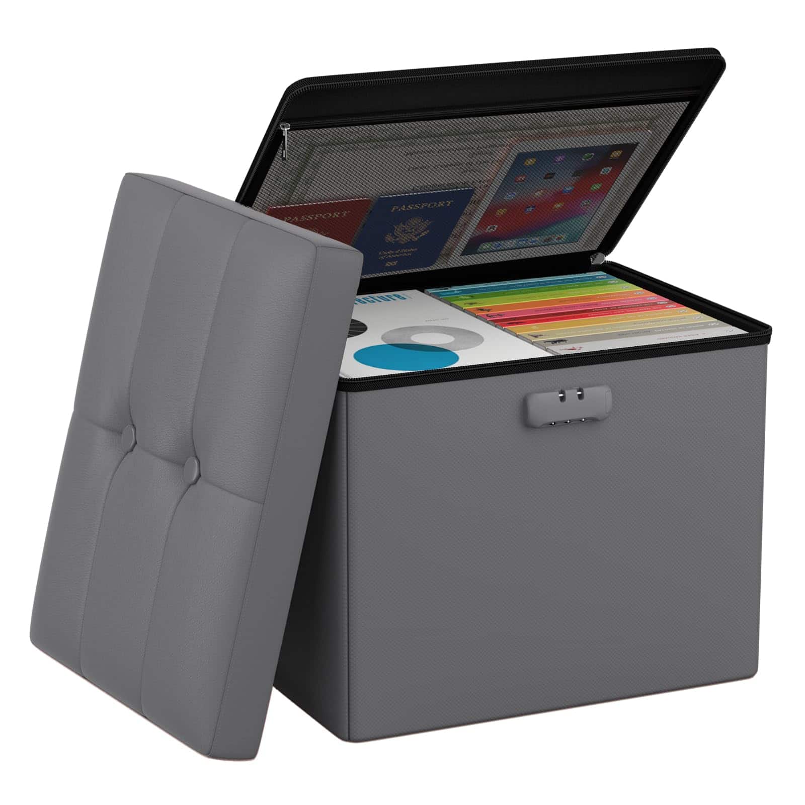 JETRANSPORT - Small Ottoman Storage Inch Fireproof Safe Folding Lock Important Documents Waterproof Foot Rest Stool - Grey 13"D x 17"W x 13"H