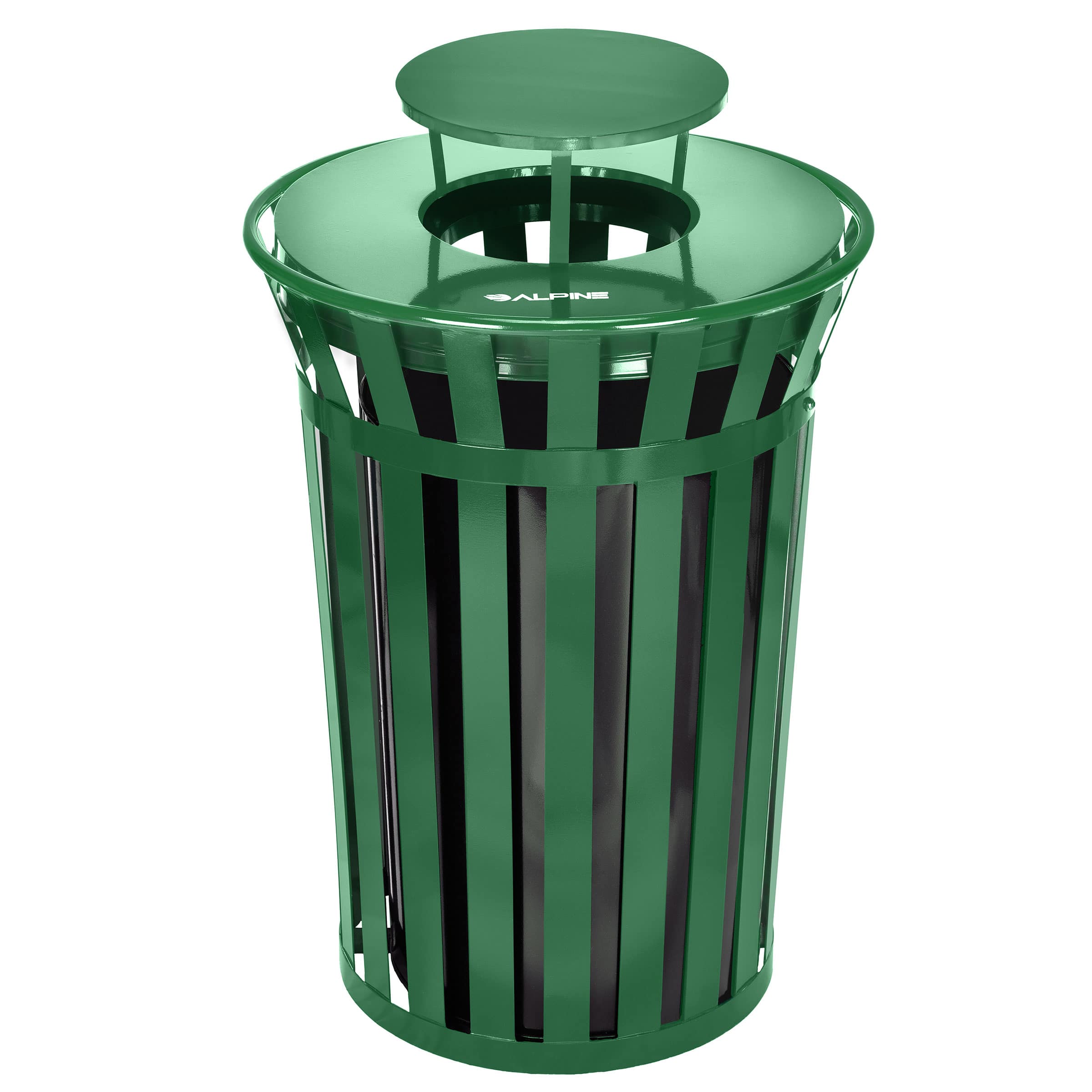 Alpine Industries - 38 Gallon Outdoor Metal Recycling Bin Trash Can with Rain Bonnet Lid and Liner - Green