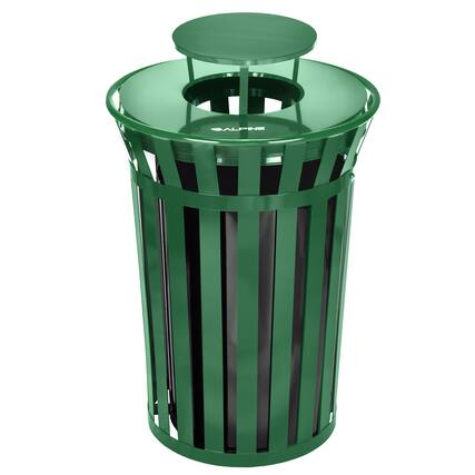 Front. Alpine Industries - 38 Gallon Outdoor Metal Recycling Bin Trash Can with Rain Bonnet Lid and Liner - Green.