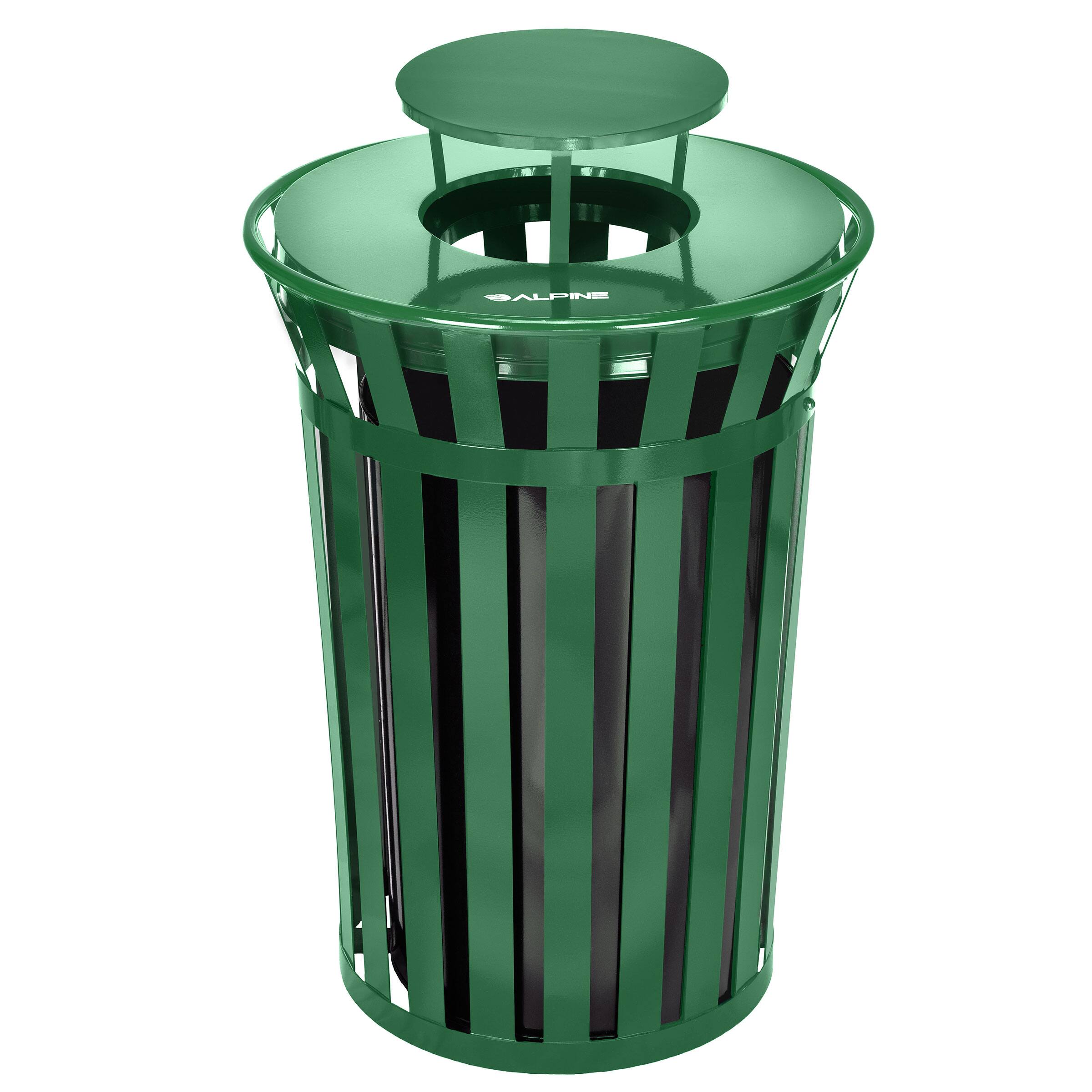 Front. Alpine Industries - 38 Gallon Outdoor Metal Recycling Bin Trash Can with Rain Bonnet Lid and Liner - Green.