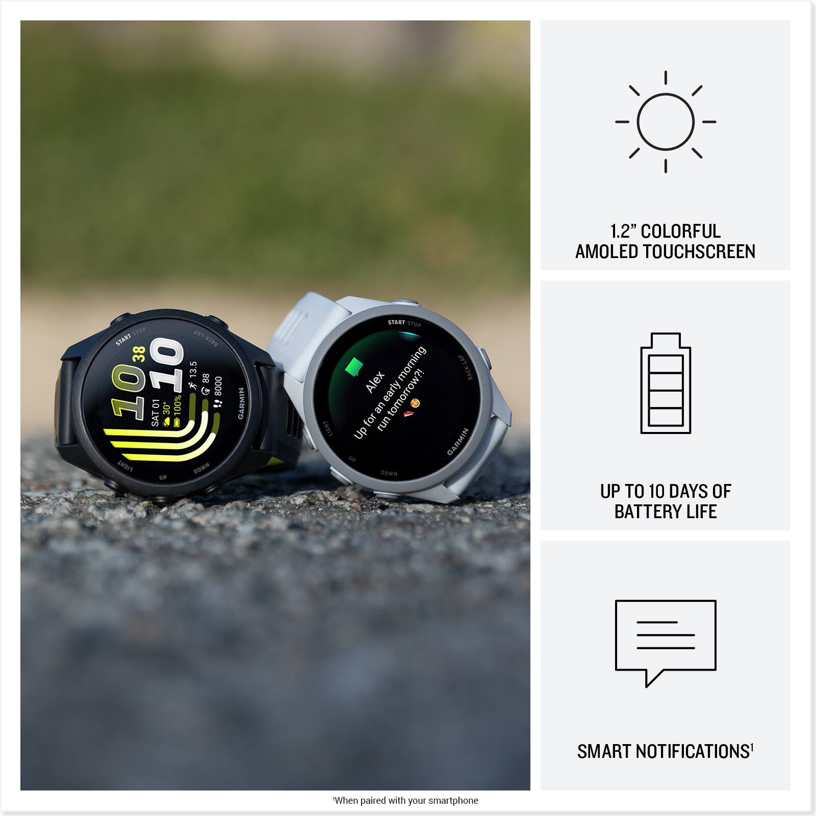 1.2" COLORFUL AMOLED TOUCHSCREEN  
START-130P  
STORT Y13778  
38 10 10 * 13.5 e 88 8000 01 100% !  
SAT O .OE  
I ERDIT comT ve  
GARMIN  
I SaR shar  
Alex morning  
PACK-LAP early tomorrow?!  
an for run  
UP TO 10 DAYS OF BATTERY LIFE  
SMART NOTIFICATIONS'  
When paired with your smartphone