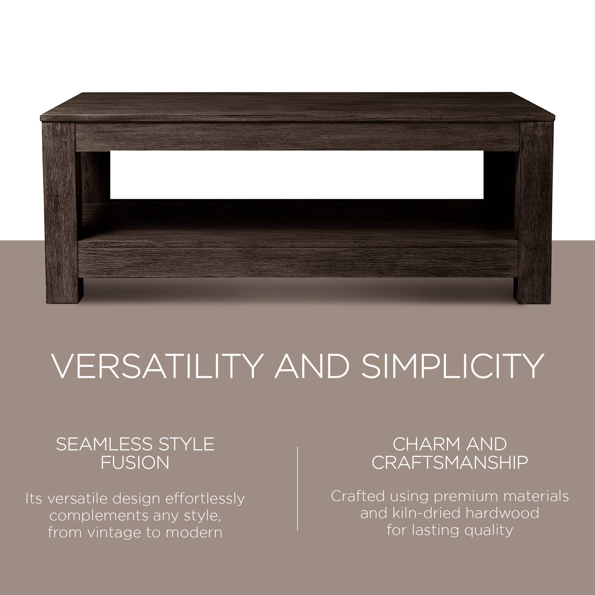 VERSATILITY AND SIMPLICITY

SEAMLESS STYLE FUSION  
Its versatile design effortlessly complements any style, from vintage to modern

CHARM AND CRAFTSMANSHIP  
Crafted using premium materials and kiln-dried hardwood for lasting quality