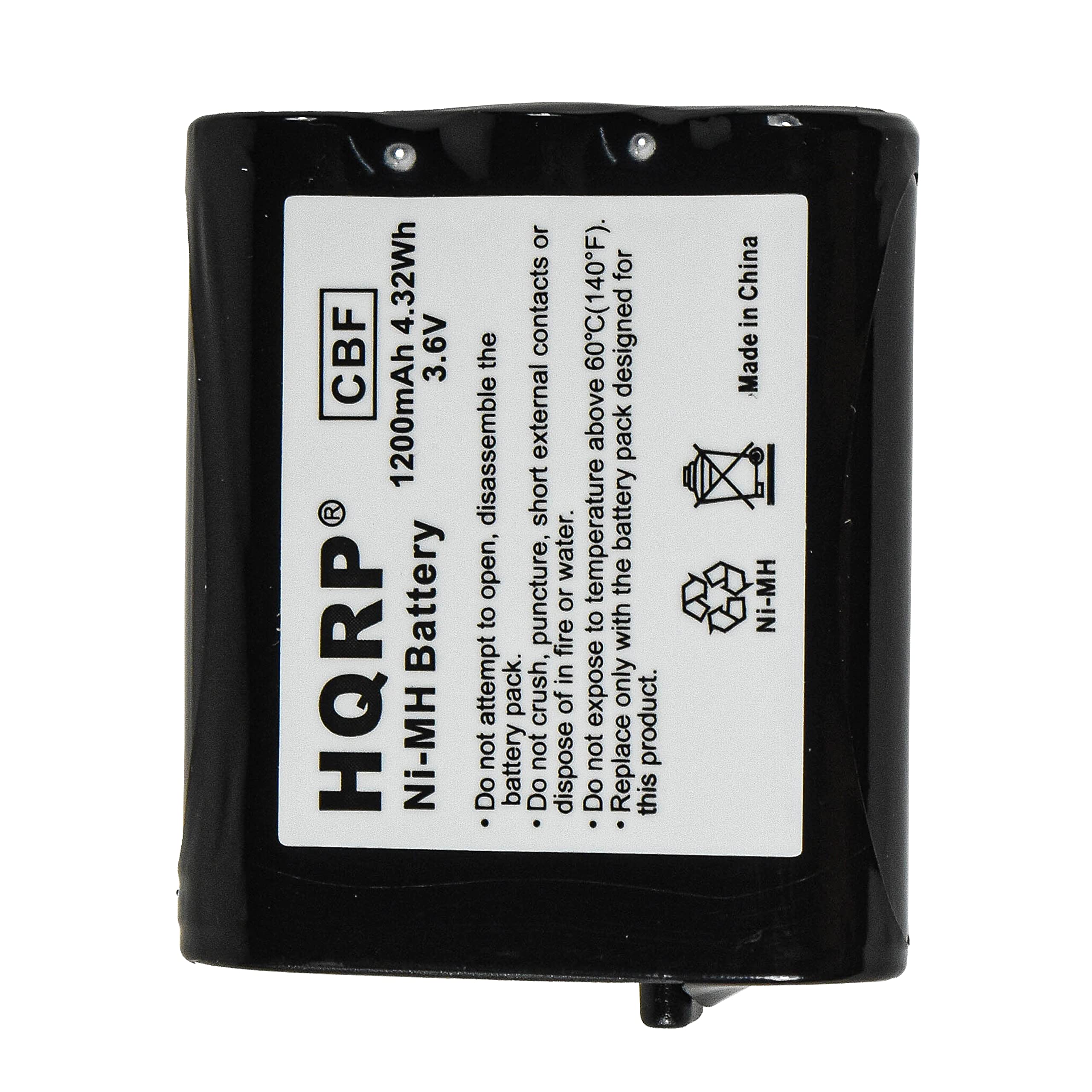 4.32Wh CBF 3.6V 1200mAh HQRP Ni-MH Battery. Designed for contacts 60C(140F). Do not disassemble, puncture, expose to fire, water, or temperature above 60C. Do not dispose of in fire or attempt to open. Replace product only. Made in China.
