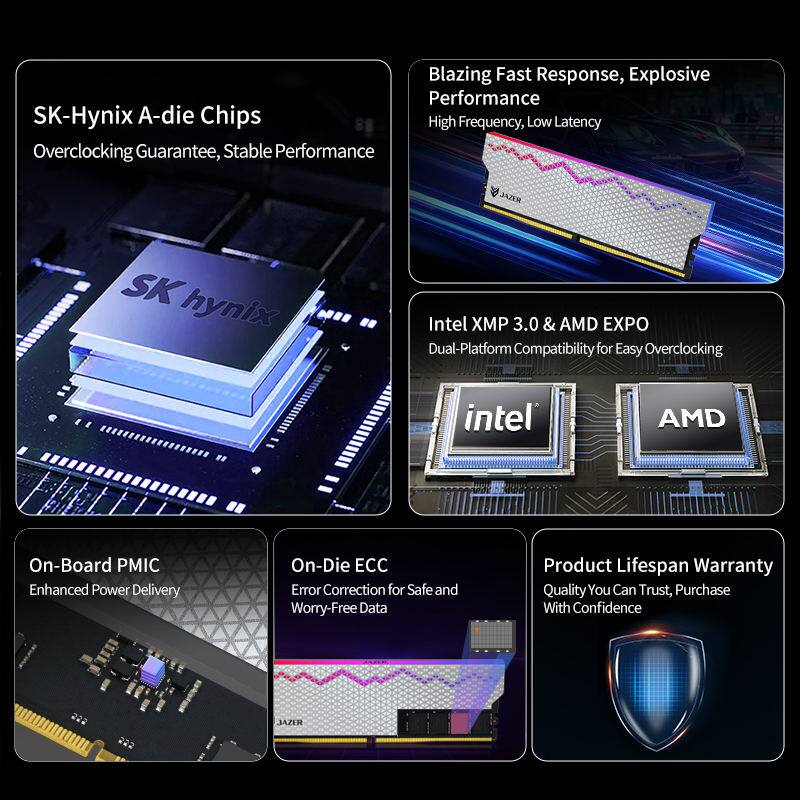 - SK-Hynix A-die Chips
  - Overclocking Guarantee, Stable Performance

- Blazing Fast Response, Explosive Performance
  - High Frequency, Low Latency

- Intel XMP 3.0 & AMD EXPO
  - Dual-Platform Compatibility for Easy Overclocking

- On-Board PMIC
  - Enhanced Power Delivery

- On-Die ECC
  - Error Correction for Safe and Worry-Free Data

- Product Lifespan Warranty
  - Quality You Can Trust, Purchase With Confidence