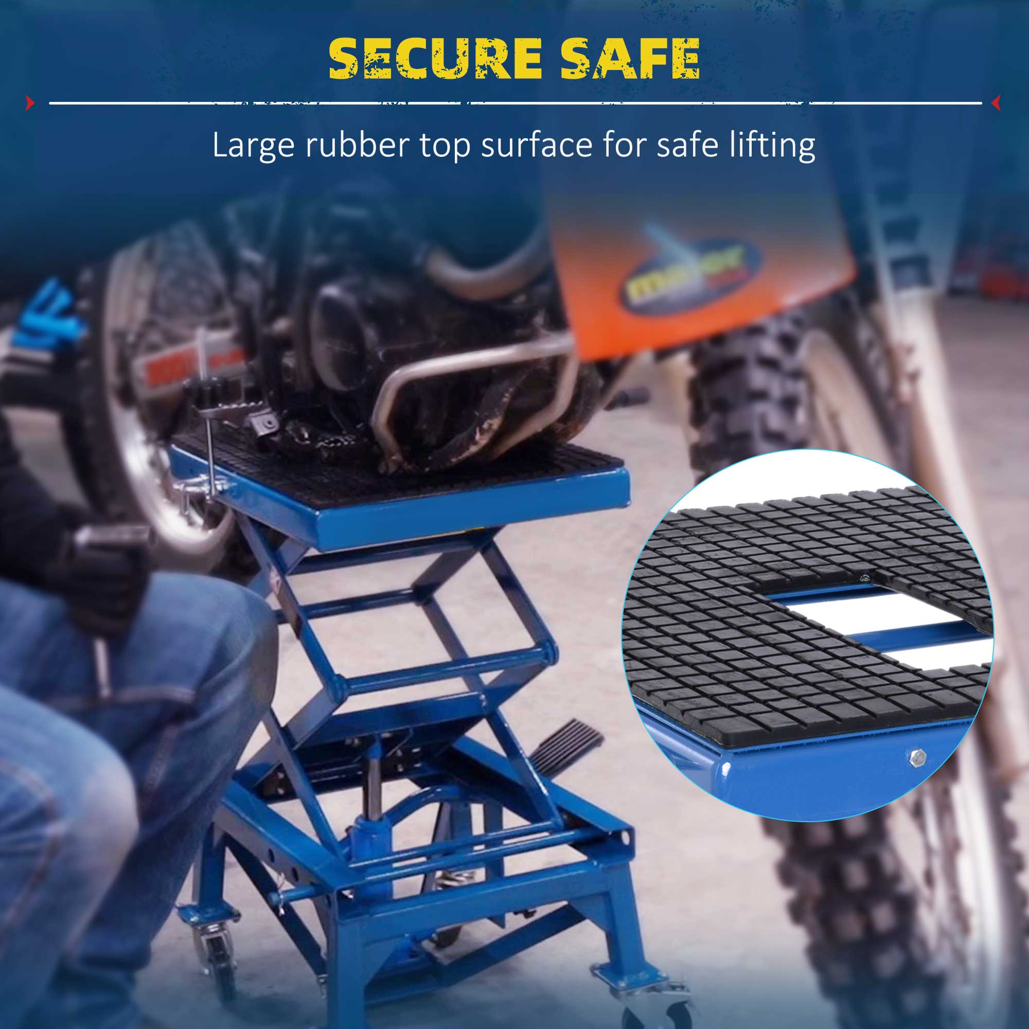 SECURE SAFE
Large rubber top surface for safe lifting