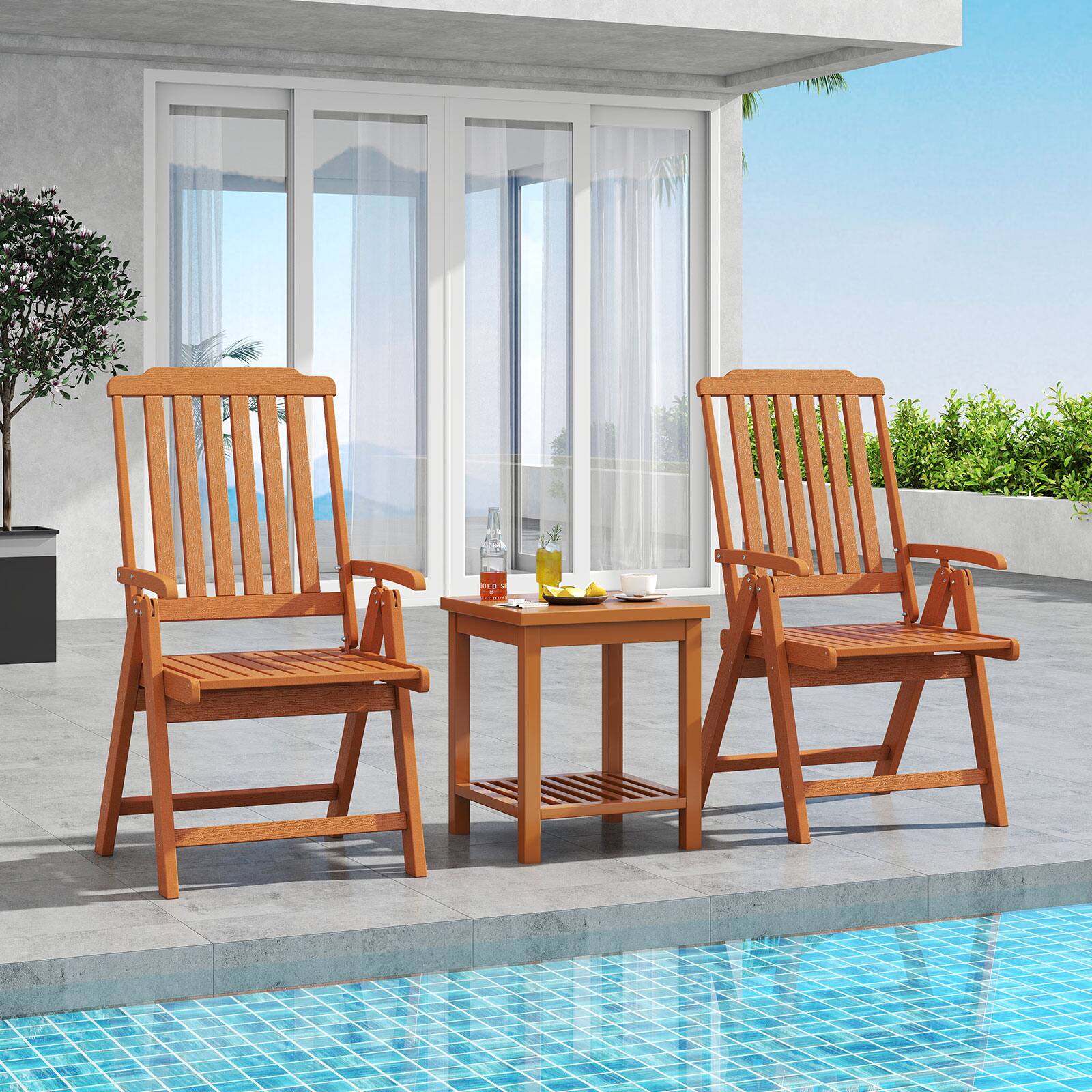 Alt View 1. Gymax - Gymax 2PCS Foldable Patio Chair w/Armrest Curved Back Slatted Seat for Backyard Deck Brown - Brown.
