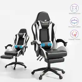 COQOOL - Gaming Chair with Footrest, Ergonomic Reclining Gamer Chair with Lumbar Support & Massage, Adjustable Headrest - Black