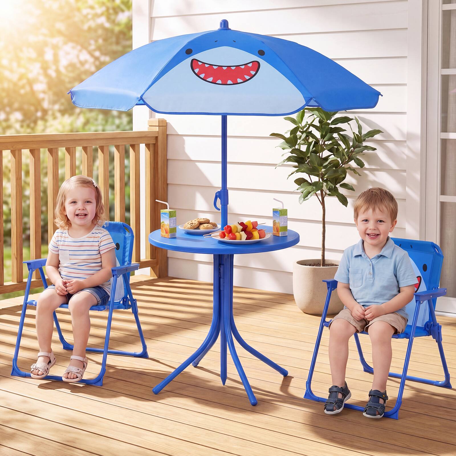 Alt View 1. Gymax - Gymax Kids Picnic Table Outdoor Table&Chair Set 2 Folding Chairs&Adjustable Umbrella Blue - Blue.