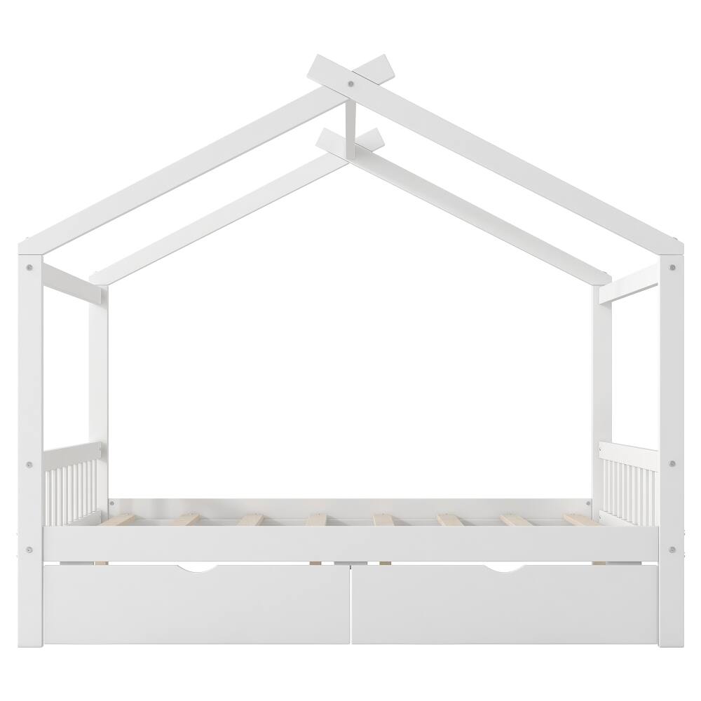 Alt View 6. Loheer - Loheer Full Size House Platform Bed with Two Drawers, Roof Design White Bed Frame for Kids - White.