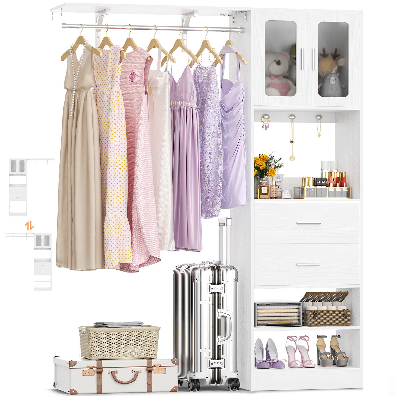 Alt View 5. Aheaplus - 5FT Wall-Mounted Closet Organizer with Drawers, Hanging Rod, and Shelves, Sturdy & Easy Assembly - White.