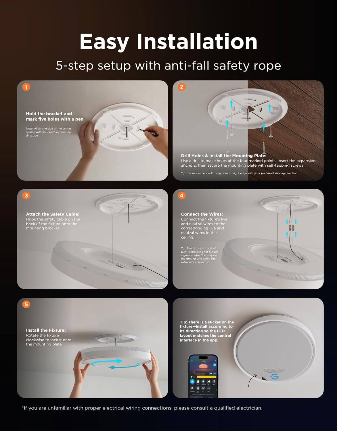 Easy Installation  
5-step setup with anti-fall safety rope

1. Hold the bracket and mark five holes with a pen  
   Note: Align one side of the center square with your primary viewing direction

2. Drill Holes & Install the Mounting Plate:  
   Use a drill to make holes at the four marked points. Insert the expansion anchors, then secure the mounting plate with self-tapping screws.  
   Tip: It is recommended to align one straight edge with your preferred viewing direction

3. Attach the Safety Cable:  
   Hook the safety cable on the back of the fixture onto the mounting bracket

4. Connect the Wires:  
   Connect the fixture's live and neutral wires to the corresponding live and neutral wires in the ceiling.  
   Tip: The fixture is made of plastic and does not require the ground wire. You may use an extra wire connector if needed

5. Install the Fixture:  
   Rotate the fixture clockwise to lock it onto the mounting plate.  
   Tip: There is a sticker on the fixture—install according to its direction so the LED layout matches the control interface in the app

*If you are unfamiliar with proper electrical wiring connections, please consult a qualified electrician.