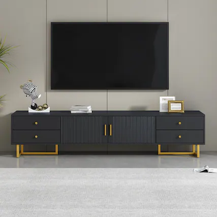Front. PexFix - Modern Entertainment Center for 65"+ TVs, Media Console with Storage Cabinets & Adjustable Shelves for Living Room - Black.