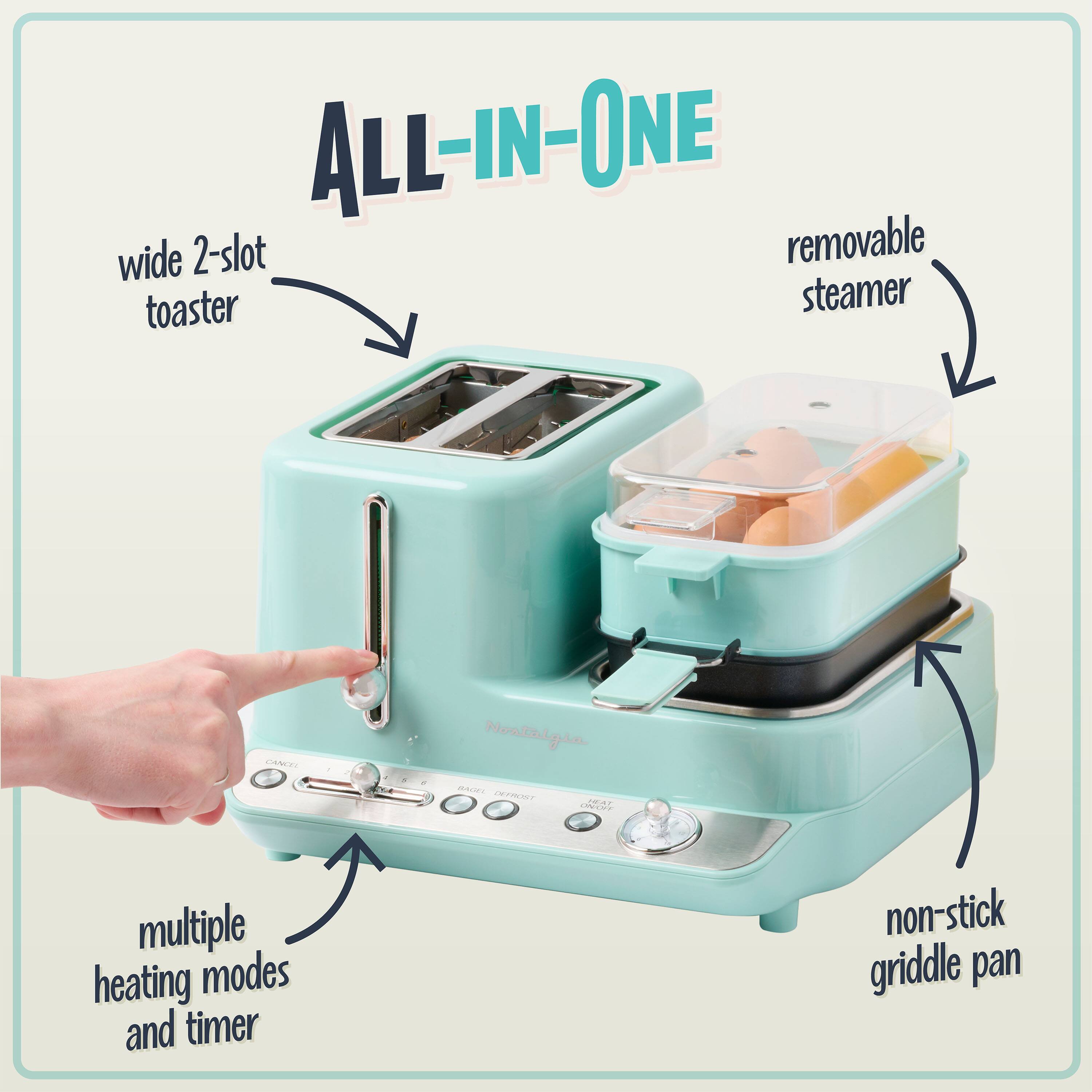 ALL-IN-ONE wide 2-slot removable toaster steamer  
CIENLEL Non-triginaas DE221  
multiple heating modes and timer  
non-stick griddle pan