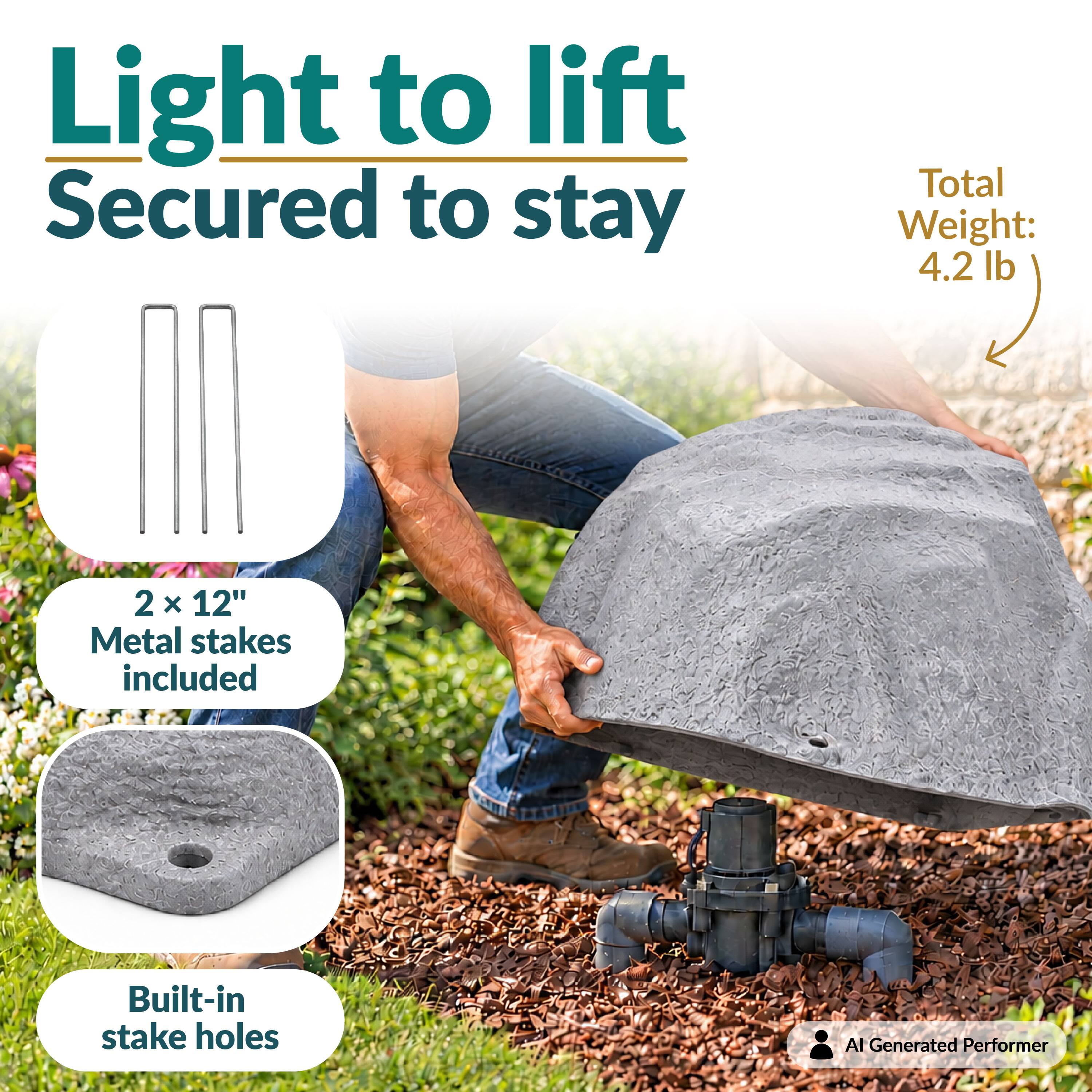 Light to lift  
Secured to stay  

Total Weight: 4.2 lb  

2 x 12" Metal stakes included  

Built-in stake holes  

AI Generated Performer