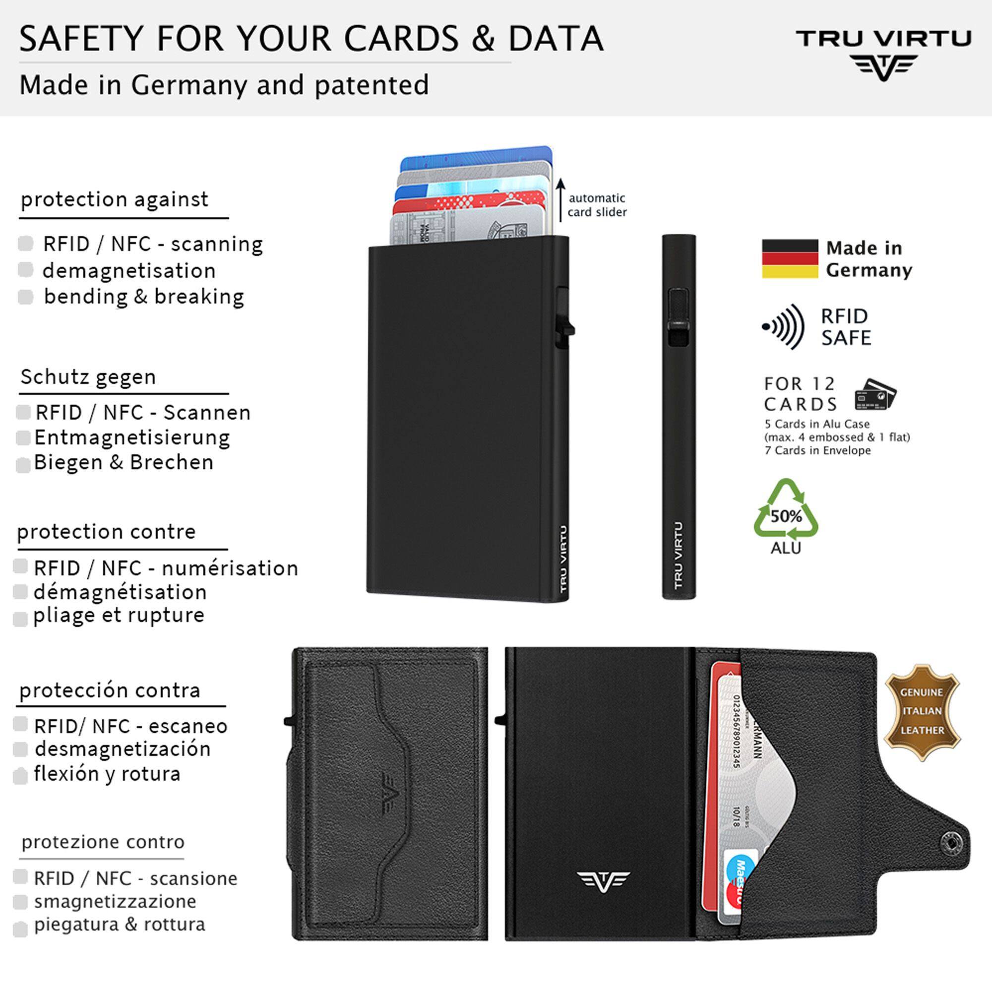 SAFETY FOR YOUR CARDS & DATA  
Made in Germany and patented  

TRU VIRTU  

protection against  
RFID / scanning  
demagnetisation  
bending & breaking  

Schutz gegen  
RFID / NFC - Scannen  
Entmagnetisierung  
Biegen & Brechen  

protection contre  
RFID / NFC - numérisation  
démagnétisation  
pliage et rupture  

protección contra  
RFID/ NFC - escaneo  
desmagnetización  
flexión y rotura  

protezione contro  
RFID / NFC - scansione  
smagnetizzazione  
piegatura & rottura  

FOR 12 CARDS  
5 Cards in Alu Case (max. 4 embossed & 1 flat)  
7 Cards in Envelope  

50% ALU  
GENUINE ITALIAN LEATHER  

Made in Germany  
RFID SAFE  

automatic card slider  

TRU VIRTU