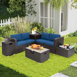 Costway - 6PCS Patio Rattan Furniture Set 32" Fire Pit Table Tank Holder with Cover - Mix Brown & Navy