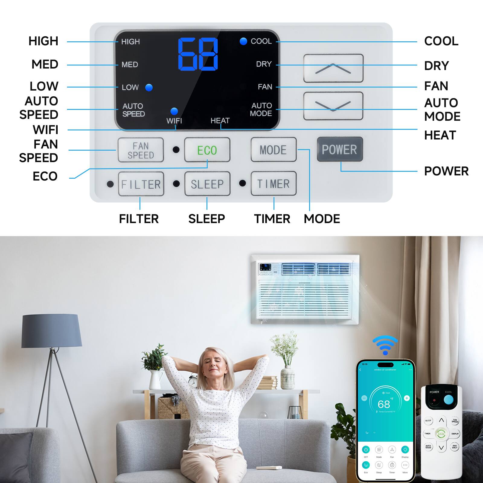 HIGH  
MED  
LOW  
AUTO  
SPEED  
WIFI  
FAN  
SPEED  
ECO  
COOL  
DRY  
FAN  
AUTO  
MODE  
TIMER  
POWER  
FILTER  
SLEEP  
TIMER  
MODE