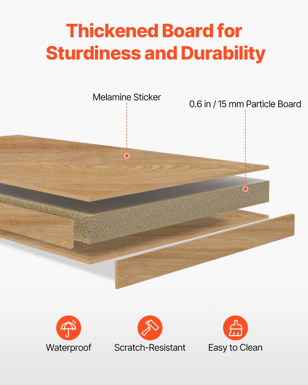 Thickened Board for Sturdiness and Durability

Melamine Sticker

0.6 in / 15 mm Particle Board

Waterproof

Scratch-Resistant

Easy to Clean