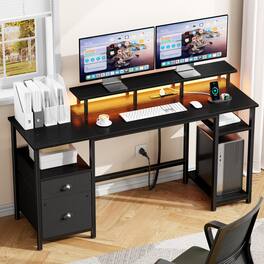 Furnulem - 61 In Computer Desk With Led Lights And Power Outlets Gaming Desk With Monitor Stand for Home Office Writing Desk - Black