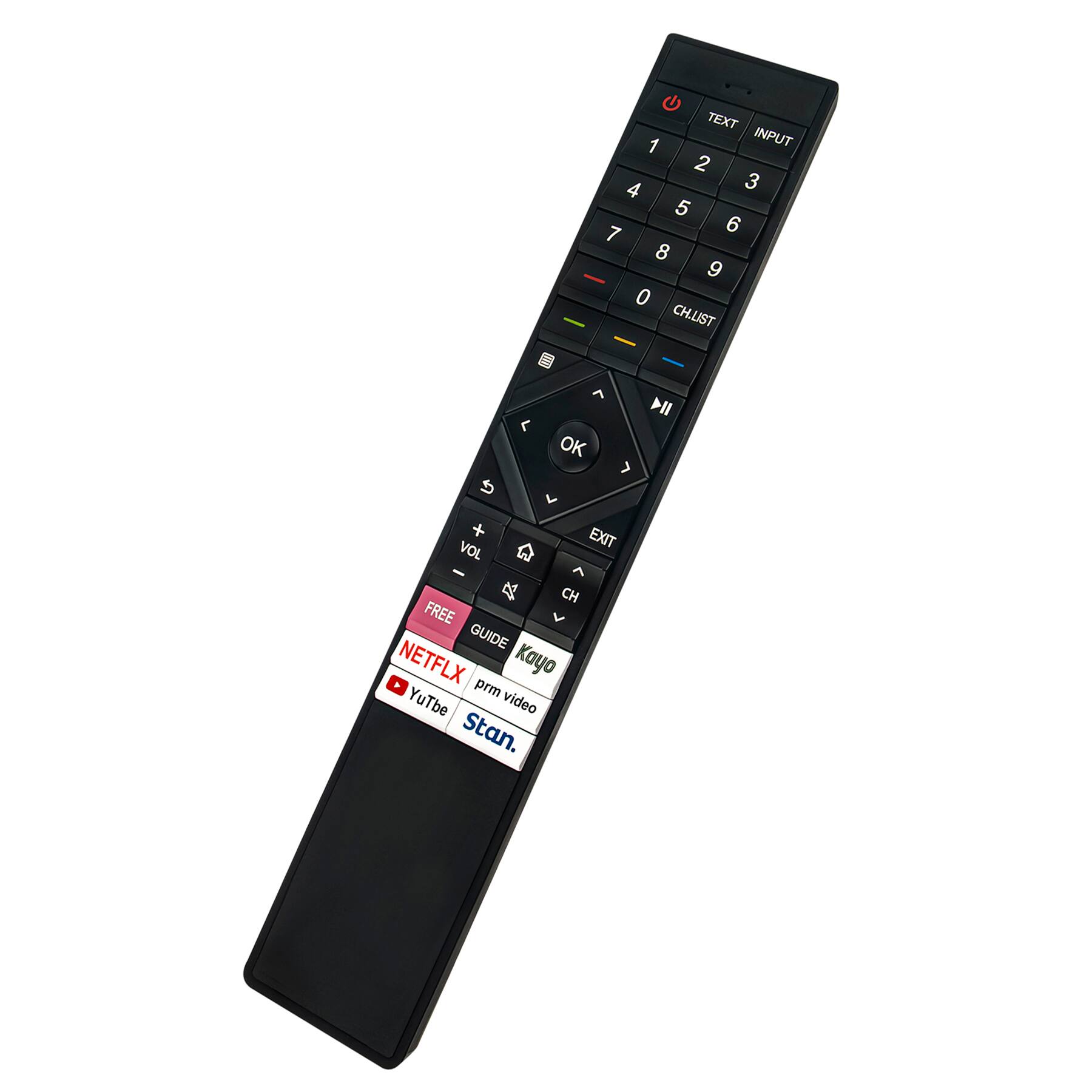 TEXT 1 INPUT 2 3 4 5 6 7 8 9 0 CH.LIST CH FREE GUIDE NETFLX Kayo prm video YuTbe Stan. VOL - + EXIT OK II