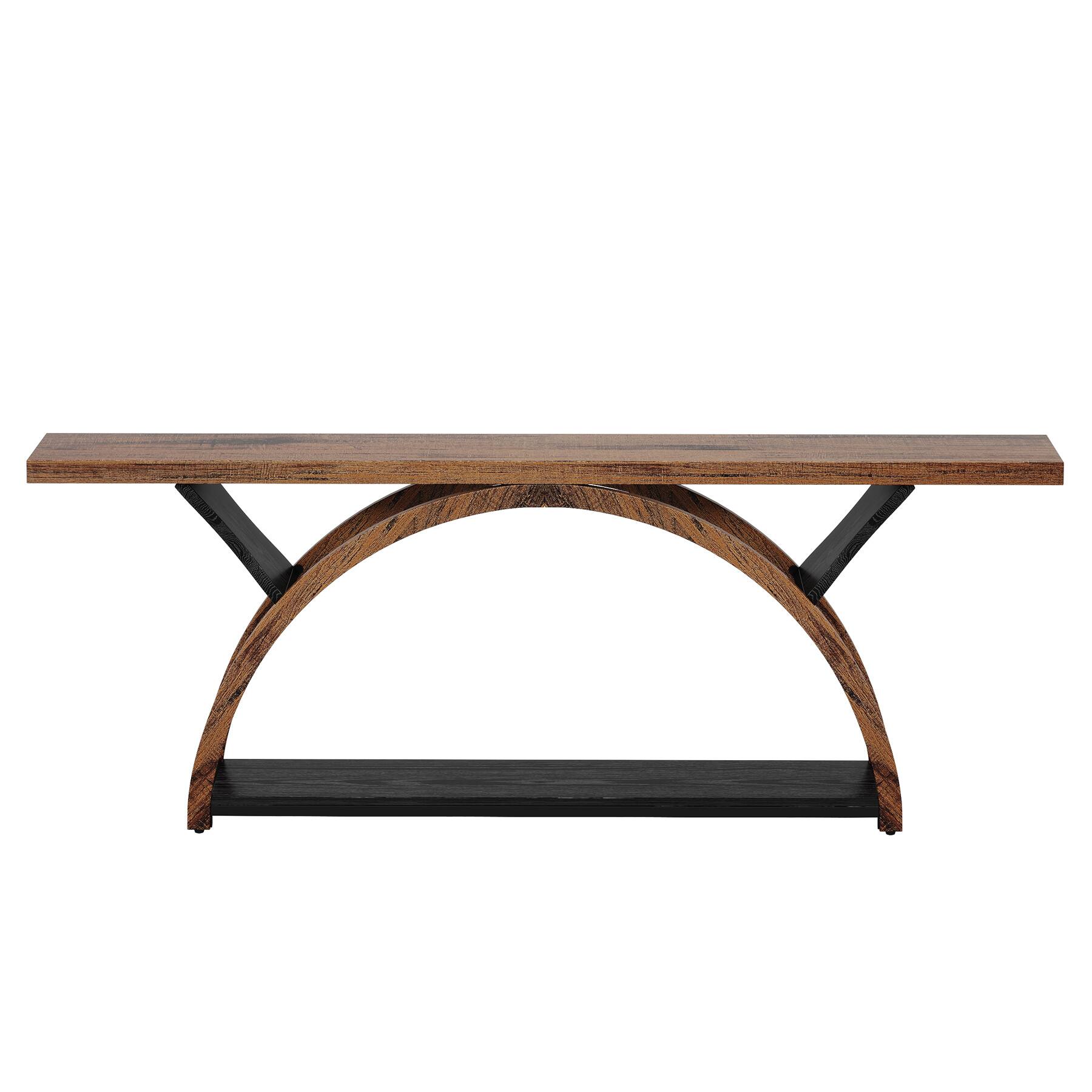 Back. TinyHomie - 70.87in Console Table with Storage Shelf Narrow Long Sofa Table Behind Couch Table 2-Tier Table with Half Moon Frame - Brown and Black.