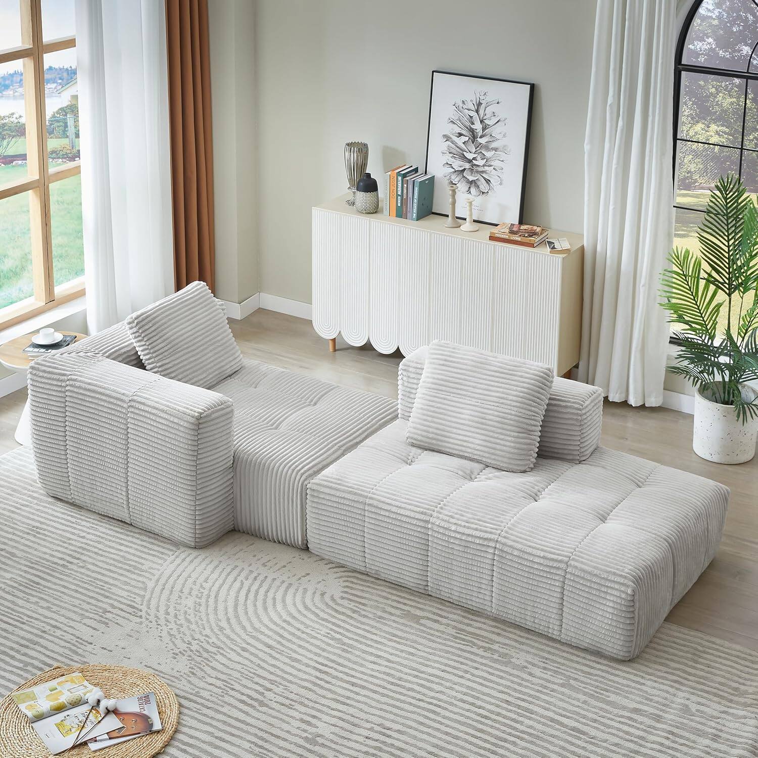 Alt View 6. Trinkets Crazed - 108" Corduroy Fluffy Modular Sectional Loveseat SofaDeep Seat Cloud Sectional Couch with Spring Cushions - light gray.