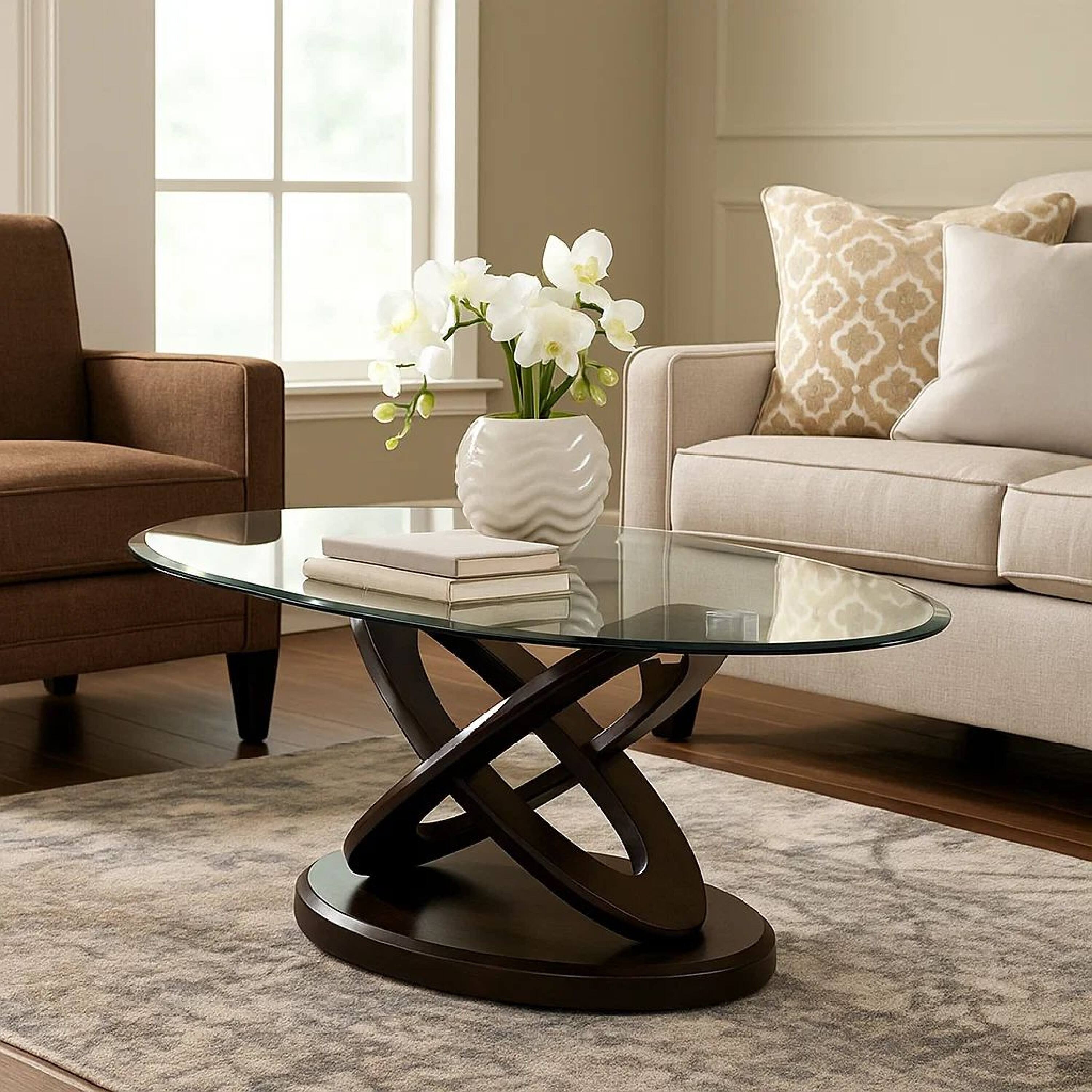 Alt View 6. Manhattan Lane - Oval Glass Top Coffee Table with Cross Oval Base - Brown and Clear.