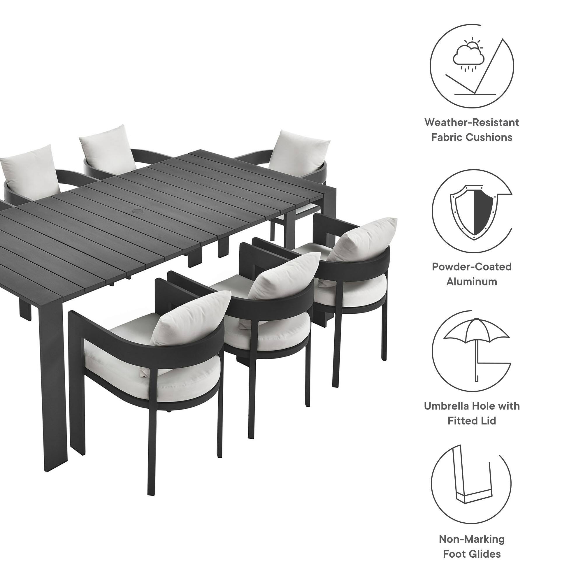 Weather-Resistant Fabric Cushions  
Powder-Coated Aluminum  
Umbrella Hole with Fitted Lid  
Non-Marking Foot Glides