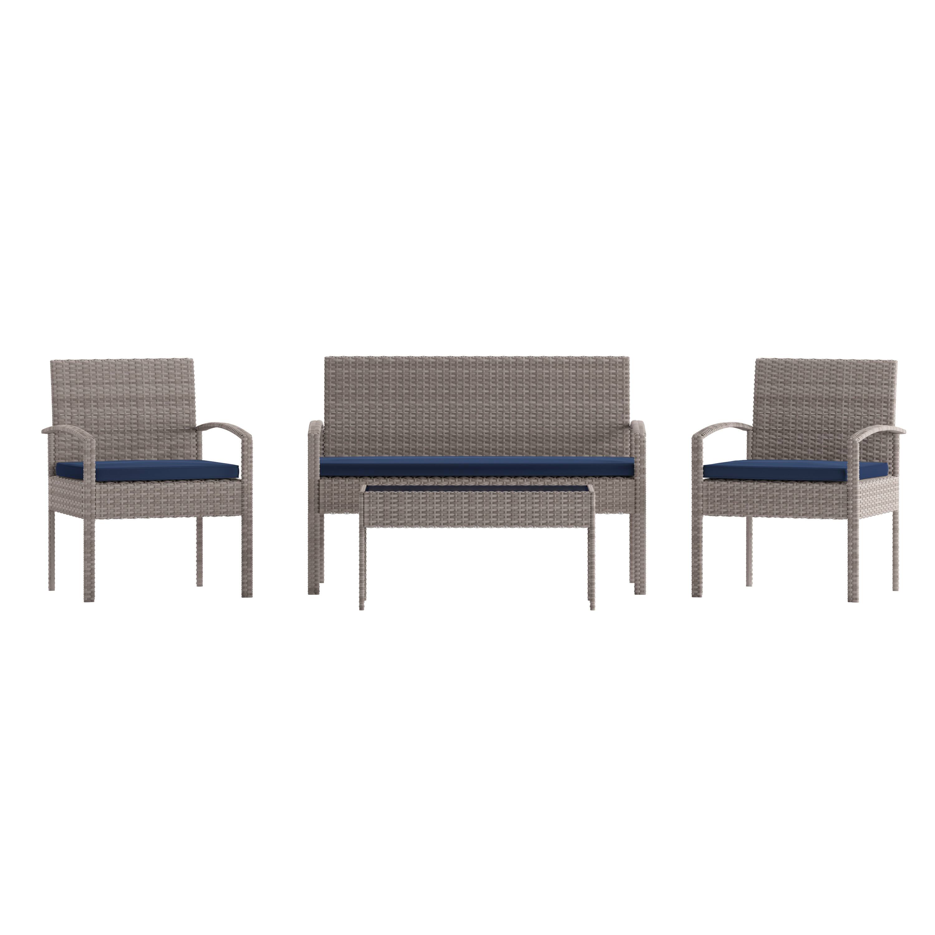 Alt View 10. Emma + Oliver - 4 Piece Patio Set with Steel Frame and Cushions - Outdoor Seating - Navy Cushions/Light Gray Frame.