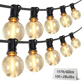 HTUTWOO - 197FT LED Outdoor String Lights - 100 Shatterproof Bulbs Waterproof Patio Lights,Plug-in Warm White Hanging for Backyard - Black