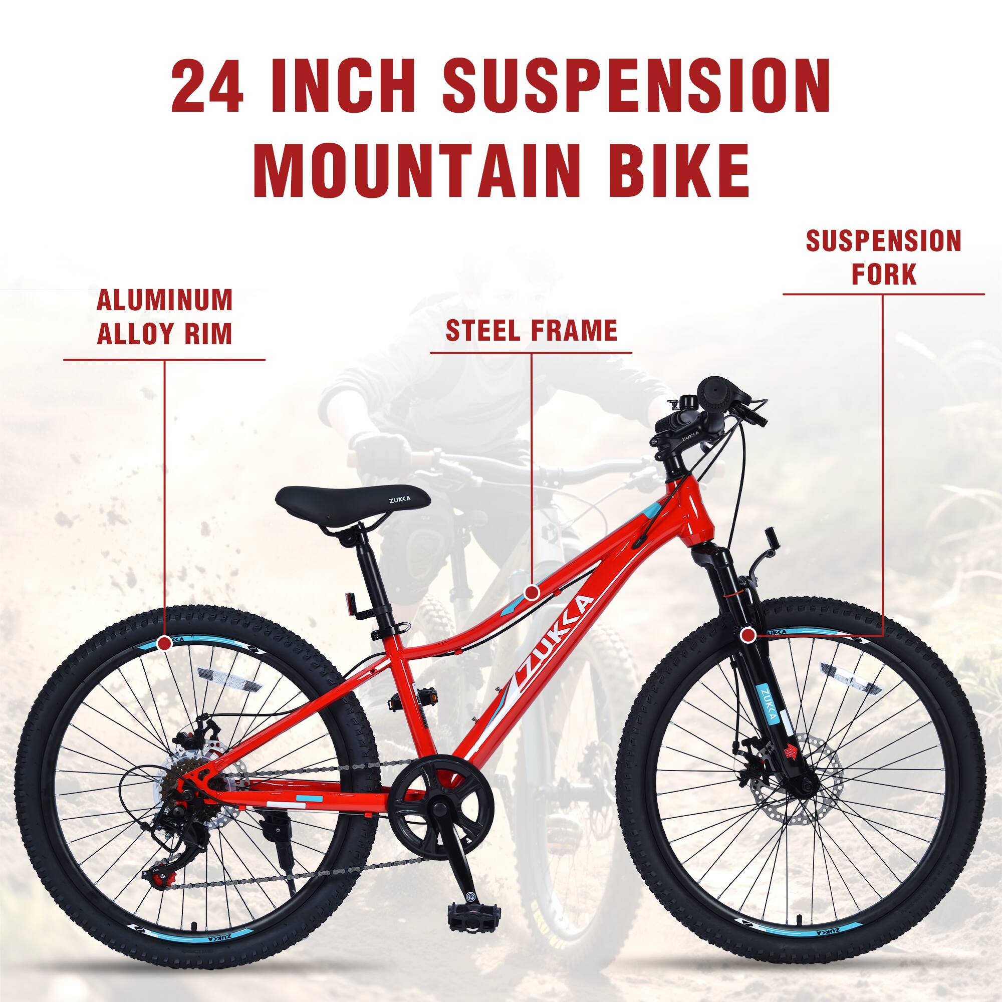 24 INCH SUSPENSION MOUNTAIN BIKE

- SUSPENSION FORK
- STEEL FRAME
- ALUMINUM ALLOY RIM