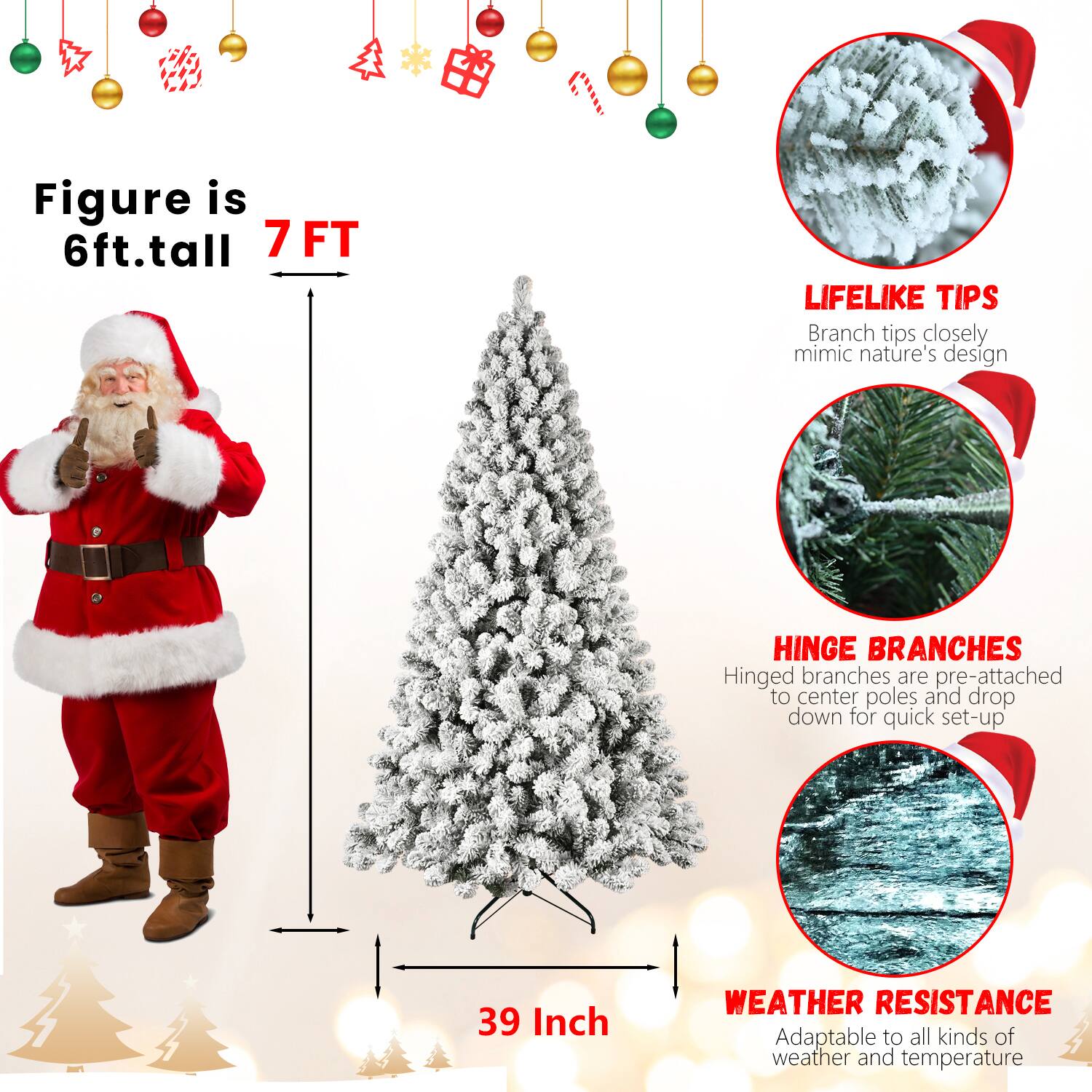 - Figure is 6ft. tall
- 7 FT
- LIFELIKE TIPS: Branch tips closely mimic nature's design
- HINGE BRANCHES: Hinged branches are pre-attached to center poles and drop down for quick set-up
- 39 Inch
- WEATHER RESISTANCE: Adaptable to all kinds of weather and temperature