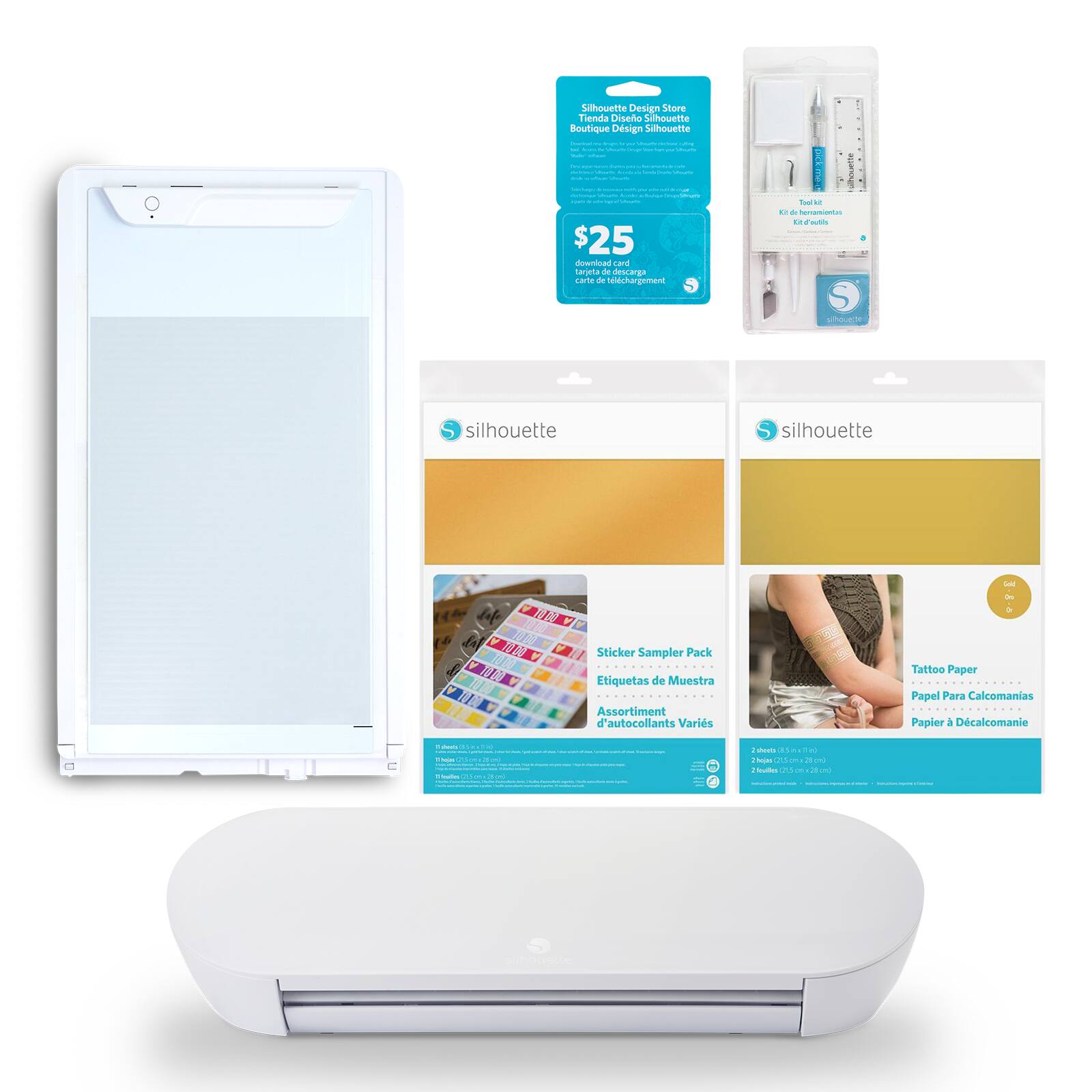 Silhouette Design Store
Boutique Design Silhouette
$25 download card
tarjeta de descarga
carte de téléchargement
Tool Kit
Kit de herramientas
Kit d'outils
Sticker Sampler Pack
Etiquetas de Muestra
Assortiment d'autocollants
Tattoo Paper
Papel Para Calcomanías
Papier à Décalcomanie
Silhouette