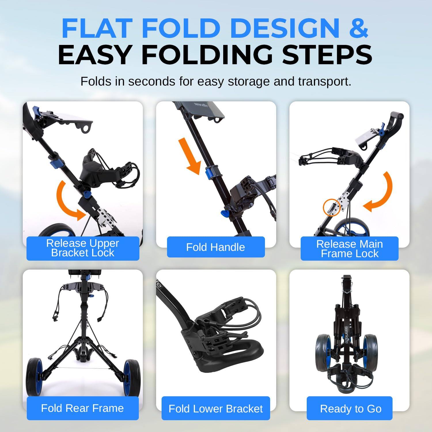 FLAT FOLD DESIGN & EASY FOLDING STEPS  
Folds in seconds for easy storage and transport.  

1. Release Upper Bracket Lock  
2. Fold Handle  
3. Release Main Frame Lock  
4. Fold Rear Frame  
5. Fold Lower Bracket  
6. Ready to Go