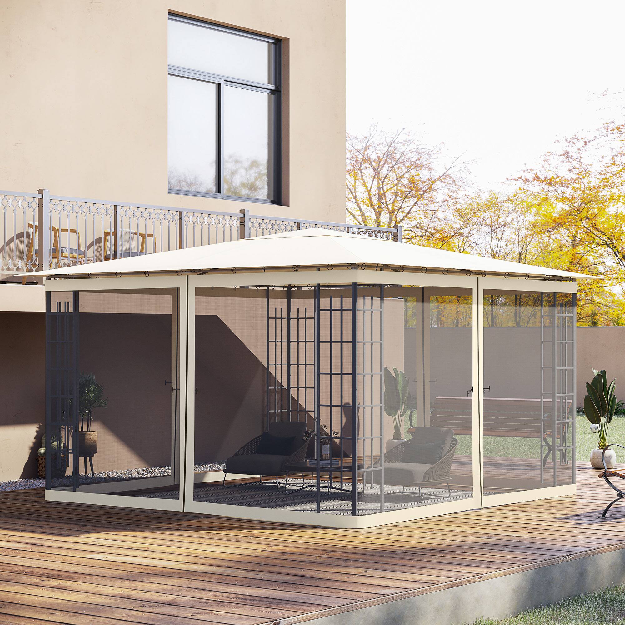 Angle. Outsunny - 12' x 12' Universal Replacement Mesh Sidewall Netting for Patio Gazebos and Canopy Tents with Zippers, Sidewall Only - Cream White.